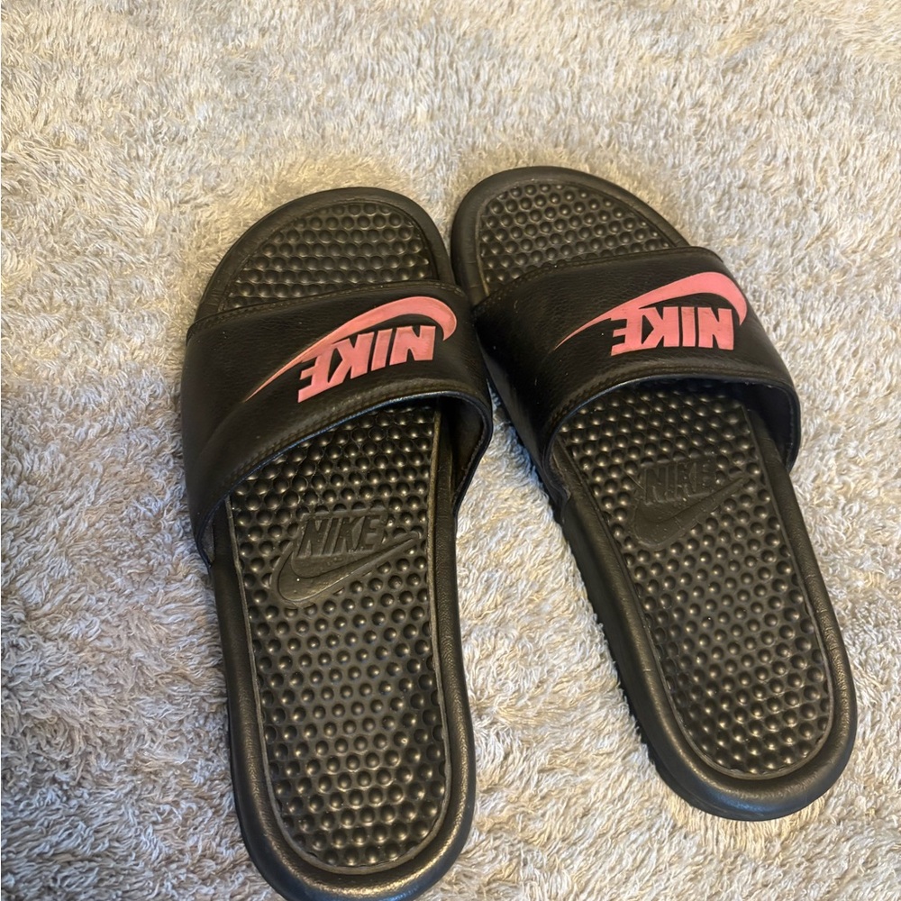 Nike Black Slides with Pink Logo